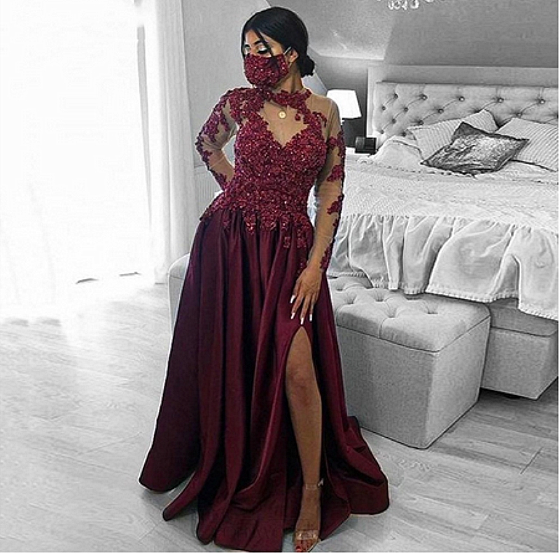 

Glitter Burgundy Prom Dresses A Line High Neck Beads Sequins Lace Appliques Long Sleeve Split Side Sexy Special Occasion Evening Party Gowns, Same as picture