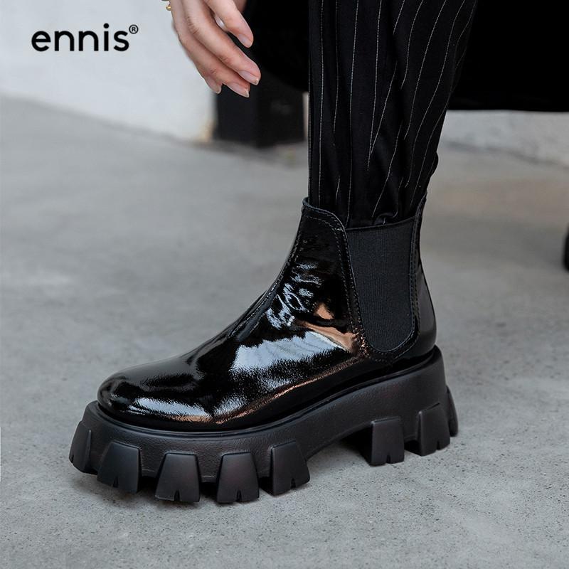 

ENNIS Designer Black Ankle Boots Woman Genuine Leather Platform Boots Thick Bottom Winter Gothic Short Shoes A0071