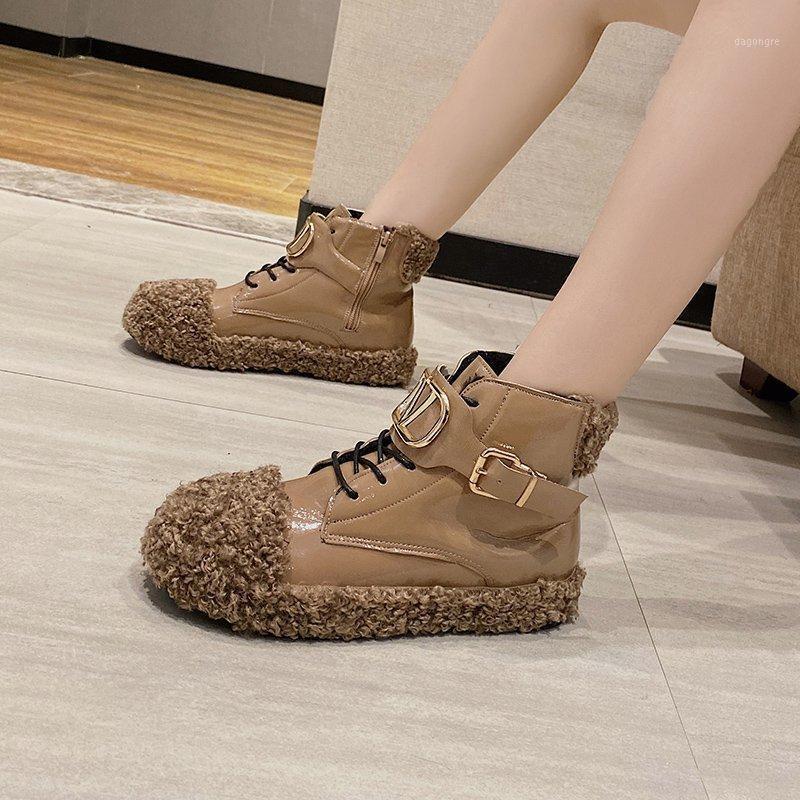 

Fashion Women Ankle Boots Winter/Autumn Unique Designer Shoes Lamb Wool Black Beige Large Fashion Female Outdoor Boots 20211
