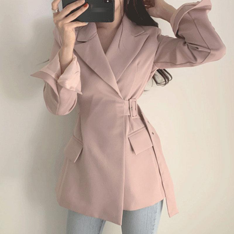 

New Autumn Winter Women Jackets Office Ladies Lace Up Formal Outwear Elegant Solid Pink Black Tops