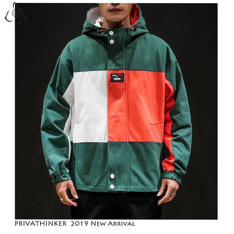 

2021 New Privathinker Man New Windbreaker Mens Harajuku Zipper Hat Jackets Male Autumn Patchwork Oversize Casual Jacket 28RV, Green(asian size)