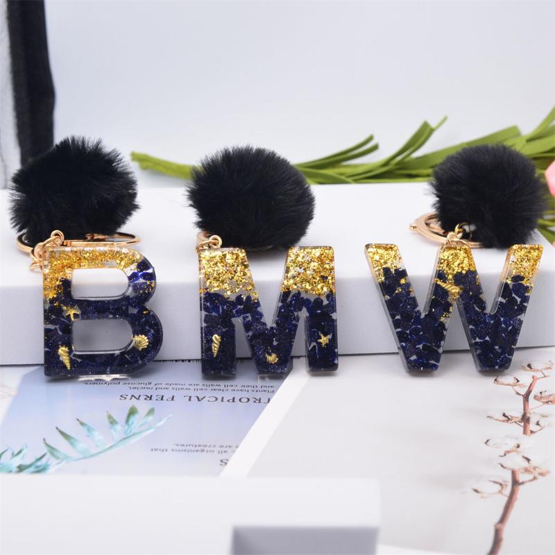 

Keychains Black Pompom 26 English Alphabet Resin With Gold Foil Keychain Letter Keyring Women Handbag Charms Accessories Gift, Silver