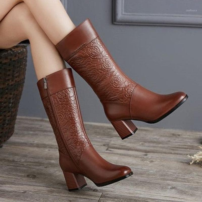 

New Embroidery Brand Genuine Leather Women's Mid-calf Boots Winter Leather Ladies Motorcycles Boots Zipper High Heel1, Black