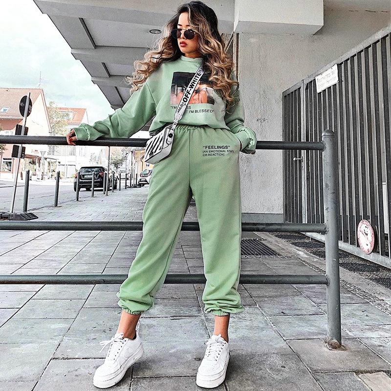 

2020 new solid color slim-fitting casual pants women' elastic waistband letter printed sweatpants, Black