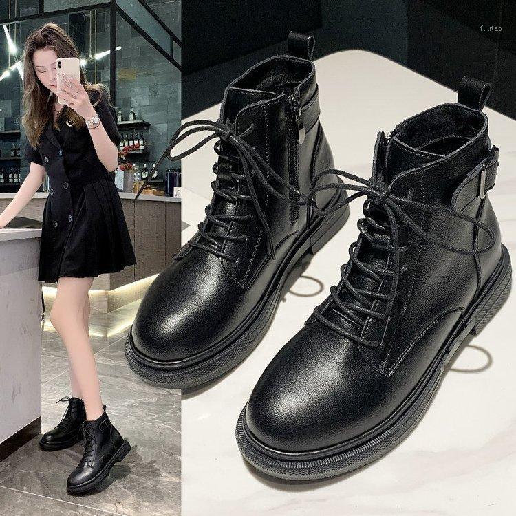 

Genuine Cow Leather Boots Women's Thick Bottom 2020 Fall British Style Round Toe Single Boots Ankle Women 57041, Black