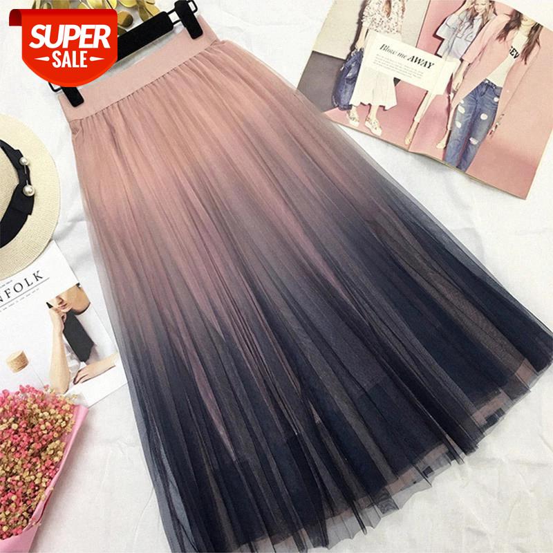 

Long Tulle Skirt Women 2019 Autumn Gradient Korean Elegant High Waist A-line Pleated School Midi Skirt Female #9N6R, White;black