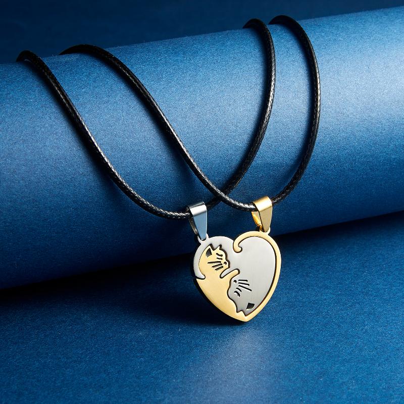 

Stainless Steel Heart-shaped Love Black White Gold Kitten Hug Stitching Necklace Yin Yang Tai Chi for Couple Stitching Necklace
