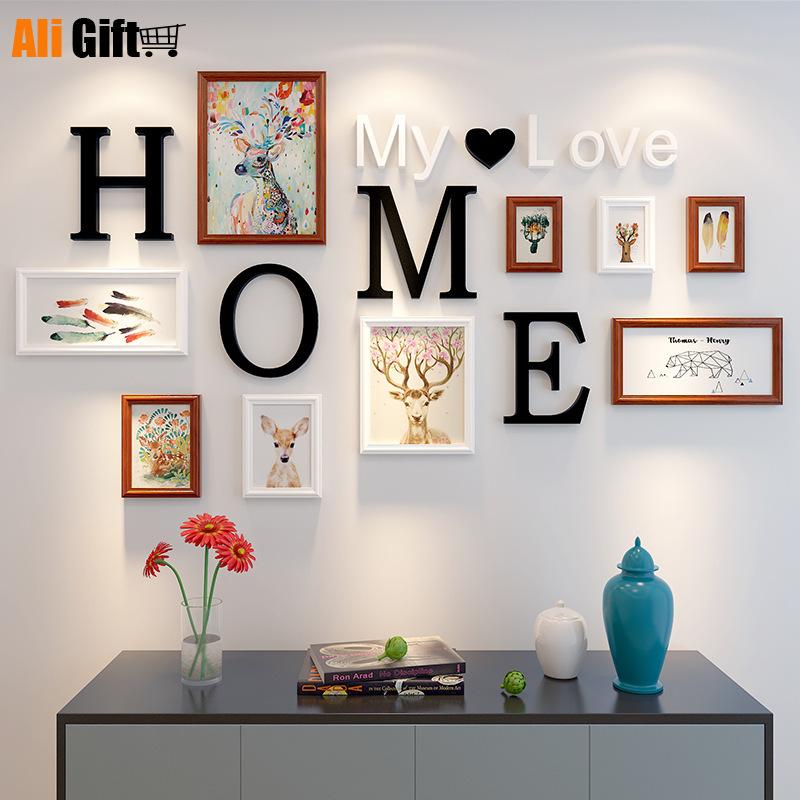 

European and American style 9pcs black white retro photo frame family wooden photo frame wall decoration combination