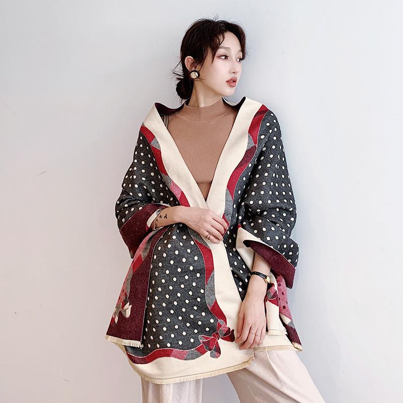 

Women Winter Cashmere Scarves Bow Dots Print Cape Scarf Autumn Long Scarf Brand Design Keep Warm Female Shawl Thicker