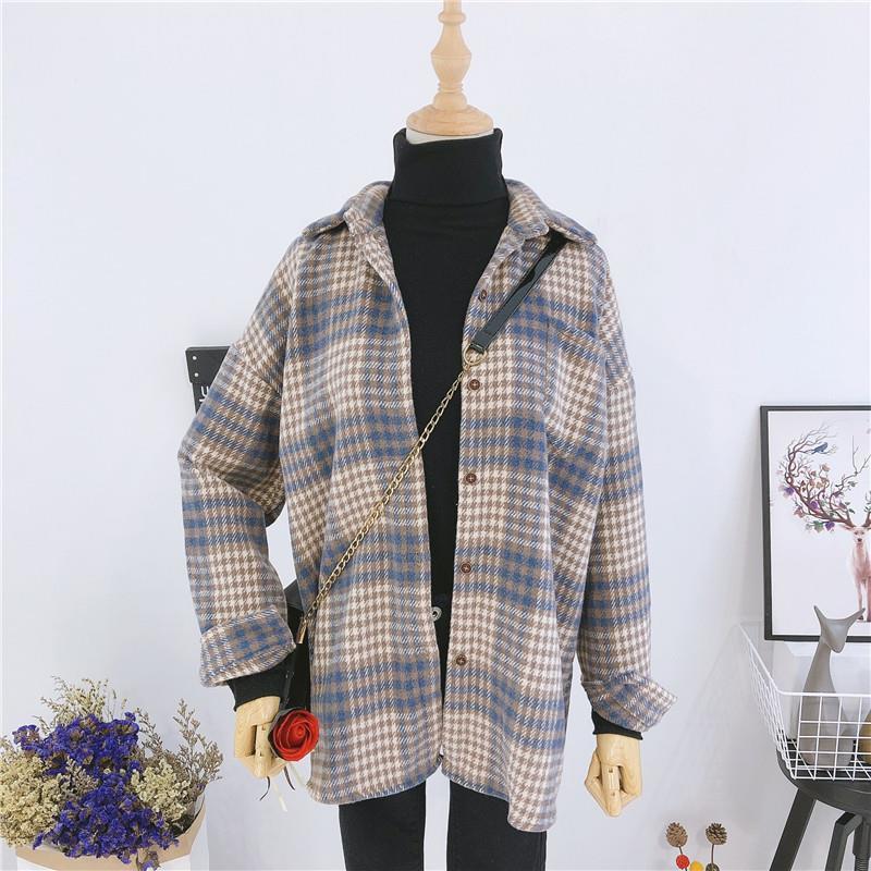 

Retro Plaid Shirt women' coat spring and autumn 2020 new loose woolen long sleeve thick matte Shirt Top, Blue
