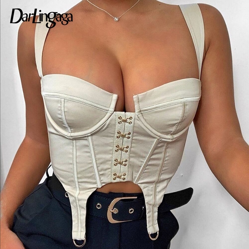 

Darlingaga Fashion Hook Corset Crop Tops Women Bodycon White Sexy Bustier Top Backless Zipper Tank Women Sleeveless Cropped Vest Y200422, Black
