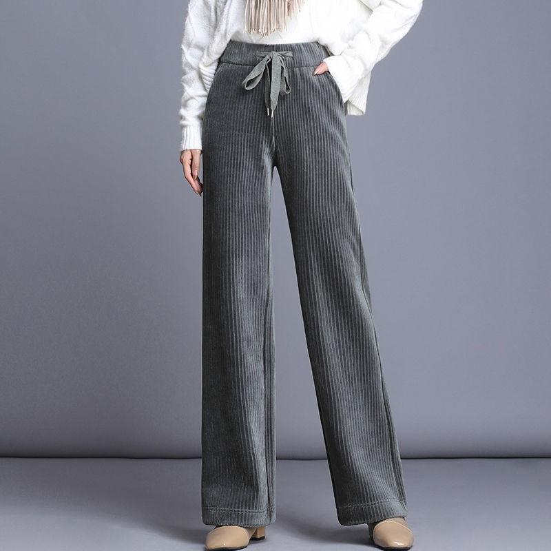 

Solid Corduroy Wide-leg Pants Women's Spring Autumn 2021 New Arrived Fashion Elastic High Waist Loose Straight Flare Trousers, No velvet black