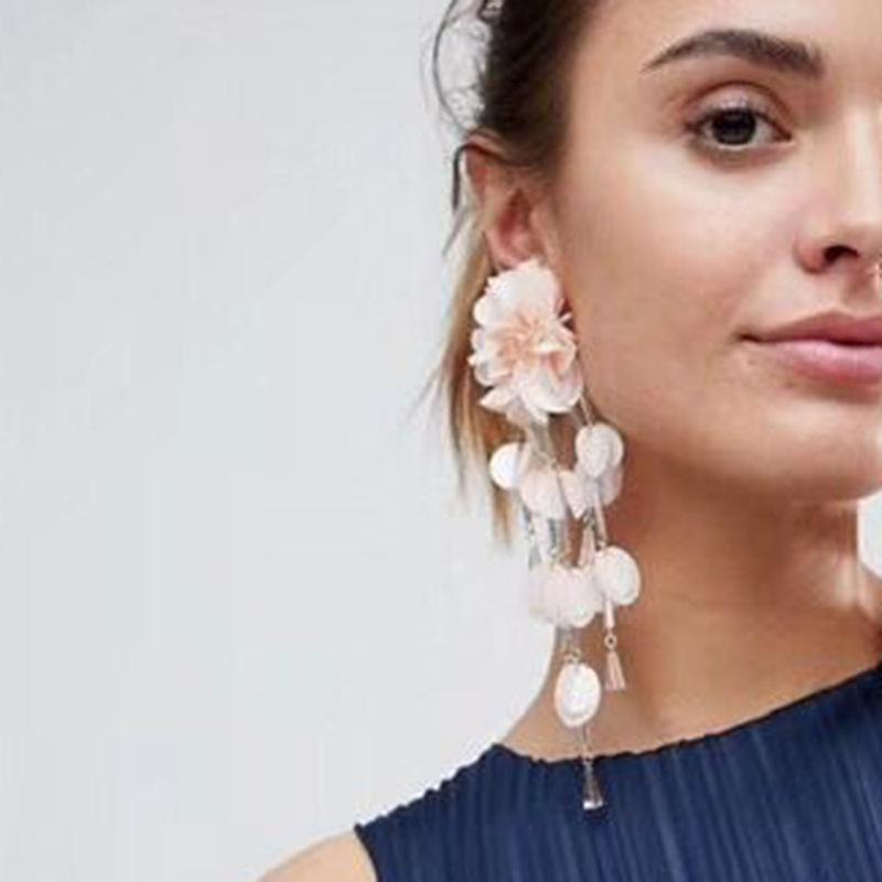 

6 Colors Bohemian Manual Fabric Flower Sequins Fringe Earring Acrylic Beads Tassel Long Drop Earrings For Women Wedding Jewelry