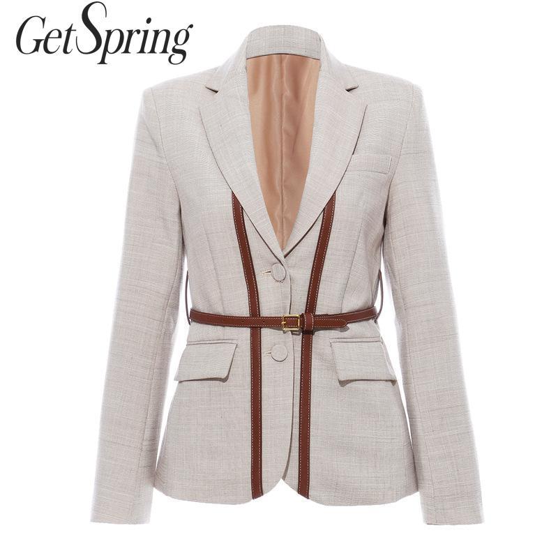 

GetSpring Women Blazer Single Breasted Long Sleeve Ladies Blazer Coat Belt Leather Splicing Women' Slim Suit Jacket Autumn 2020, Light brown