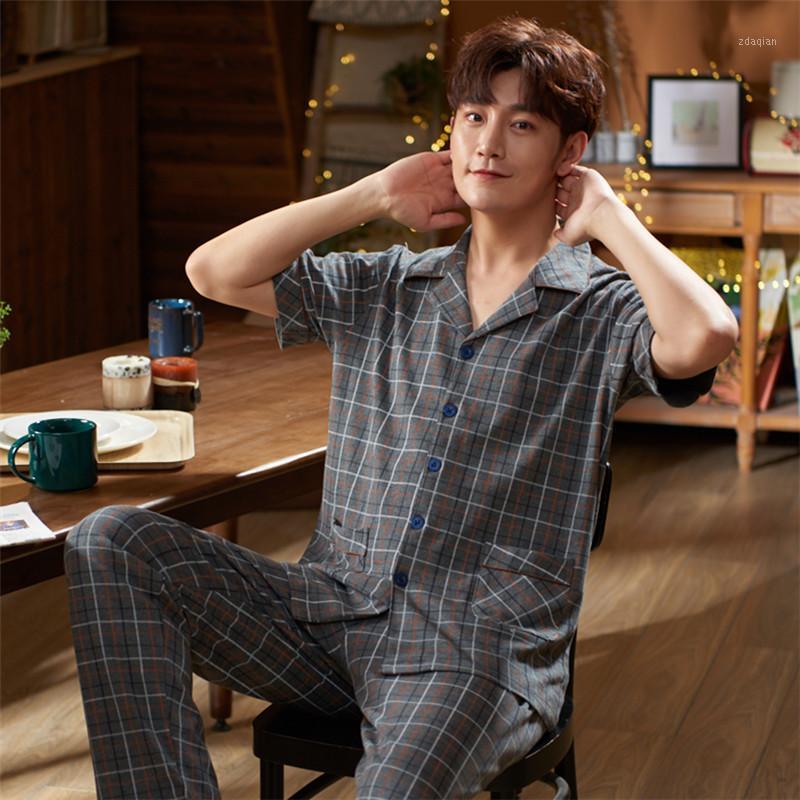 

Men's pajamas suit casual cardigan lapel short-sleeved trousers cotton plus size youth cotton home wear summer1, 2018 men s
