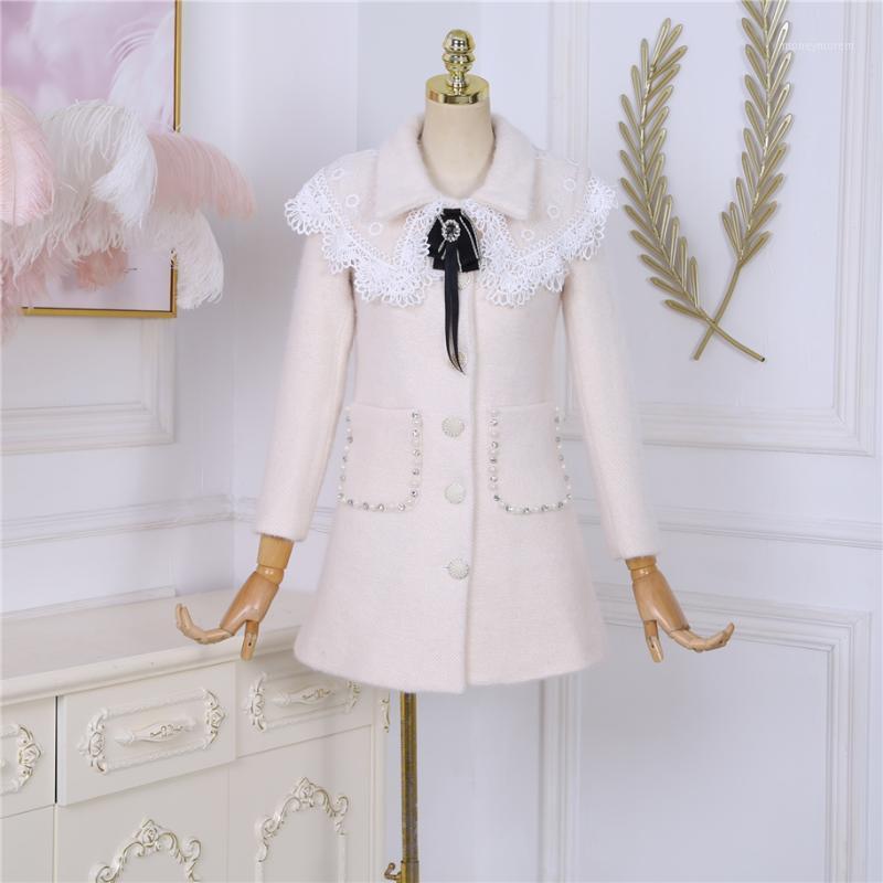 

2020 New Lapel Long Sleeve Bow Lace Stitching Woolen Heavy Industry Spike Diamond Doll Coat1, Beige