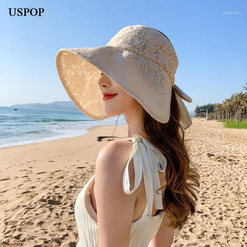 

Women Summer Sun Hat Lace Wide Brim Beach Anti-UV Sunshade Without Crown Hats, Blue;gray