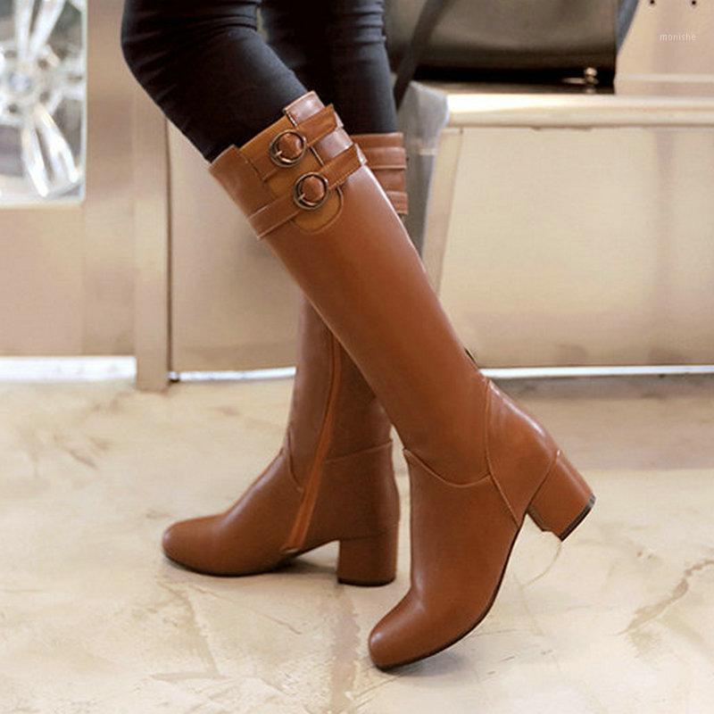 

Brown Gray Black Knee Boots for Woman Chunky Heel Winter Long Boots 2020 Buckle Zipper Shoes Women Motorcycle Plus Size1