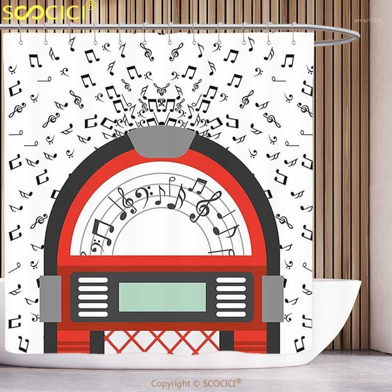 

Polyester Shower Curtain Jukebox Cartoon Party Music Antique Old Vintage Retro Box with Notes Artwork Red Black Grey and White1
