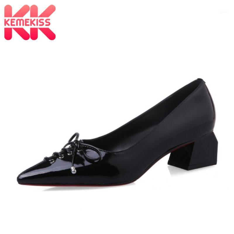 

KemeKiss Cross-Tied Real Leather Women Pumps Fashion Pointed Toe Bowtie Casual Thick Heel Party Female Footwear Size 34-391, Black