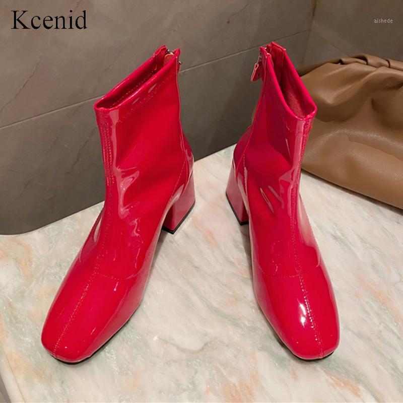 

Kcenid New arrival fashion shoes women boots patent leather ankle boots square toe chunky heel zipper female shoes red1, Red