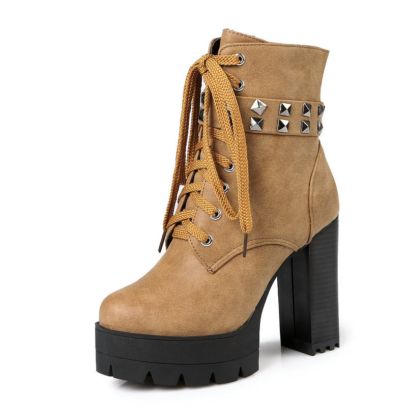 

2021 New Fashion Pu Leather Ankle Boots Lace Up Square High Heel Women Shoes Size 34-43 Typs, Brown