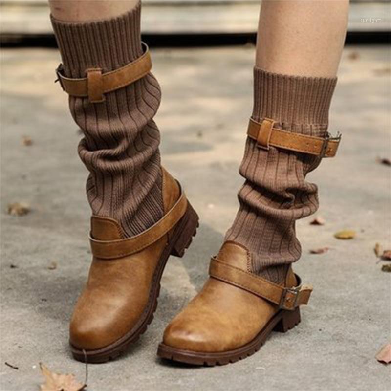 

Women Boots Slip Sock Boots On Round Toe Low Heels Women Buckle Mid-calf Woman Female Vintage Ladies Rome Shoes Plus Size1, Brown