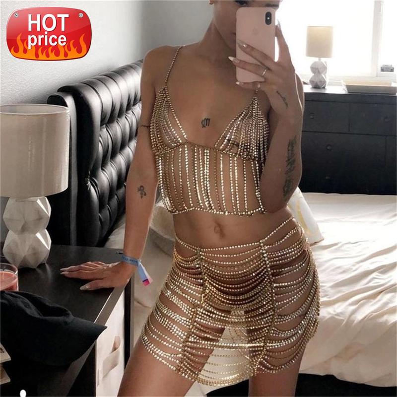 

Gold Silver Diamante Camis Women Halter Hollow Out Low Neckline Backless Rhinestone Metal Chain Crop Top Clubwear Hot Camisole #Tv91, White