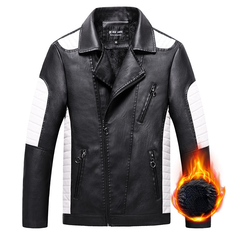 

Leather Men Self-cultivation Pu Leather Fashion MotorcycleJacket Plus Velvet Casual Thickened Lapel Contrast, Black;brown