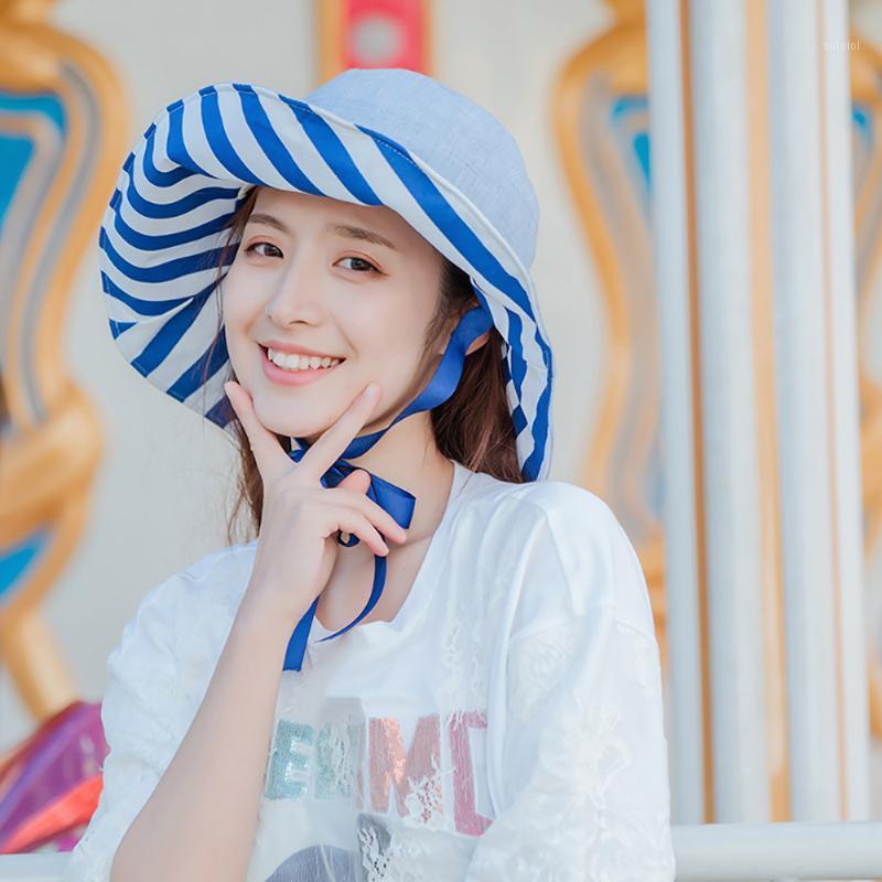 

2020 New Lady Beach Wide Brim Sun Hat Women Sun Cap Sunscreen Foldable Double-sided Striped Bucket Hat Vacation Casual Summer1, Khaki
