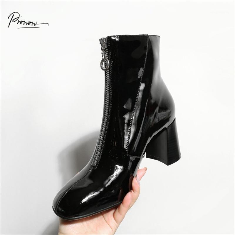 

Prowow New Fashion Black Patent Leather Women Ankle Boots Square Toe Front Zip Chunky High Heel Women Autumn Boots Shoes Woman1, As pic