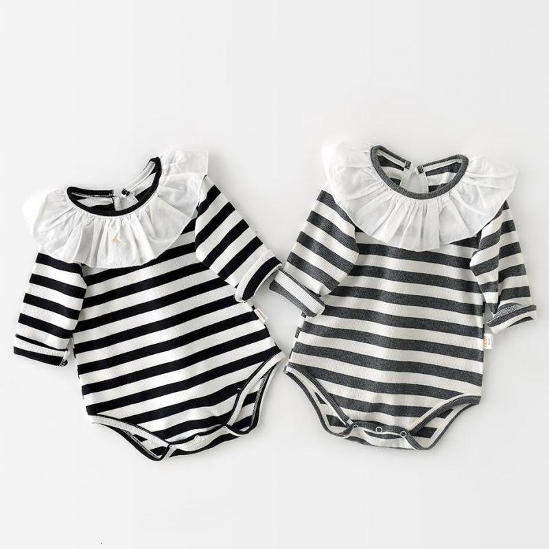 

2021 New Newborn Girl Bodysuit Cotton Striped Long Sleeve Jumpsuit for Girls Ruffle Collar Baby Onesie Clothes 0-24m Mep0, 11014black