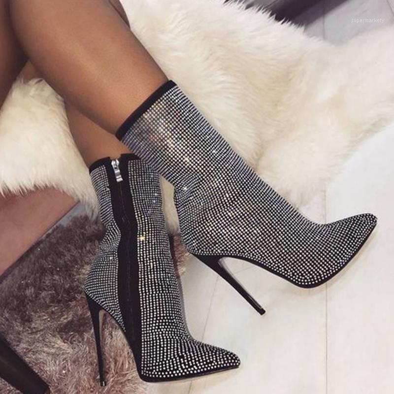

2020 Fashion Women 11.5cm High Heels Fetish Crystal Sock Boots Stiletto Heels Rhinestone Ankle Boots Scarpins Prom Pointy Shoes1, Black