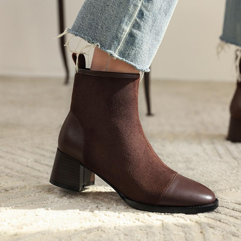 

Genuine Leather Boots Women High Heels Ankle Boots Zipper Round Toe Party Wedding Shoes Woman Female Basic, Black