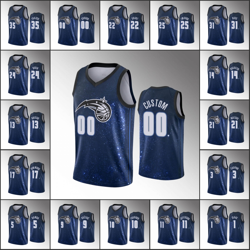 

OrlandoMagicMen Mohamed Bamba Aaron Gordon Evan Fournier Nikola Vucevic Jonathan Isaac Navy Custom Jersey