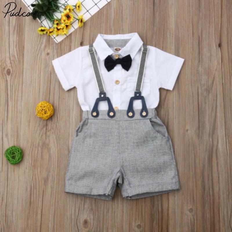 

2pcs Newborn Infant Baby Boys Party Clothes Short Sleeves Tops Pants Outfits Party Clothes Shirt Tops Pants Outfits Set, As pic