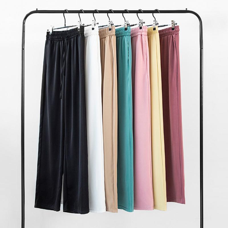 

2020 Summer Spring new Solid casual straight pants women female drawstring loose knitted wide leg pants casual Trousers#31, Black