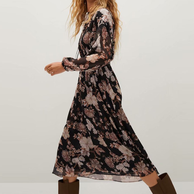 

2021 New Spring Autumn Women High Waist Fashion Floral Printed Office Lady Elegant Girl O-neck Outfits 7ejz