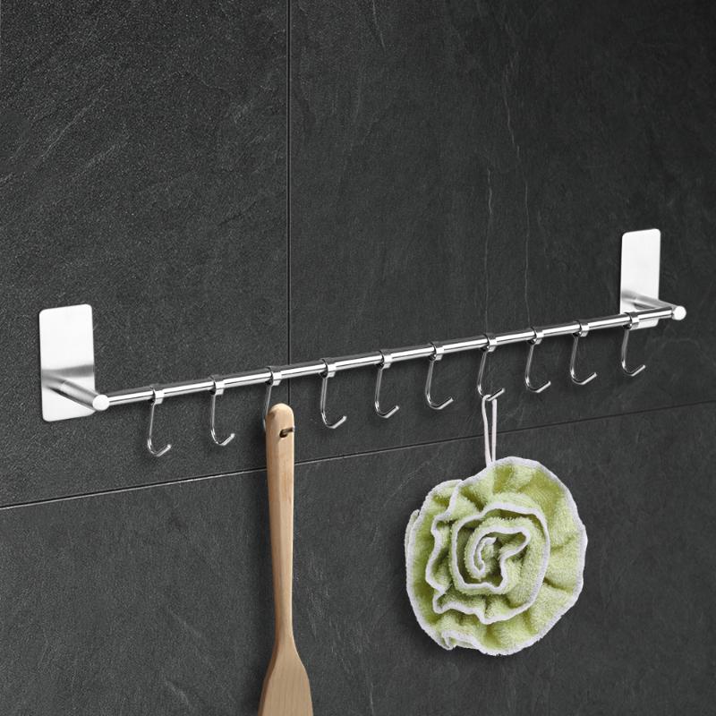 

304 Stainless Steel Hook Hanger Storage Organizer Self-adhesive Wall-mounted Cupboard Hook Rack with 10pcs Moveable Hooks