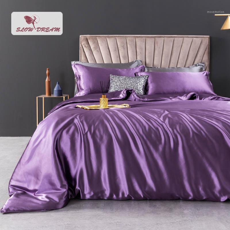 

SlowDream 100% Silk Purple Luxury Home Bedding Set Duvet Cover Double  King Flat Sheet Fitted Sheet Elastic Band Bedspread1, 001
