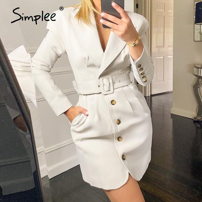 

Simplee White autumn winter office dress Causal office ladies straight suit dress Tailored collar pleat straight work 2020