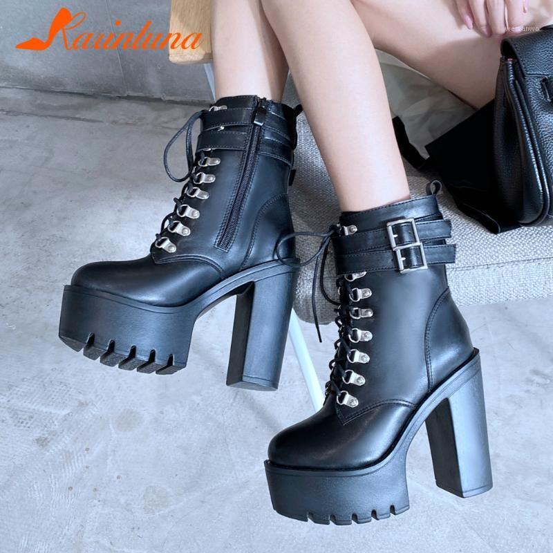 

Gothic Style Motorcycle Boots Square Heel Round Toe Solid Super High Heel With Buckle Med Platform Hot Sale Women Ankle Boots1, Black
