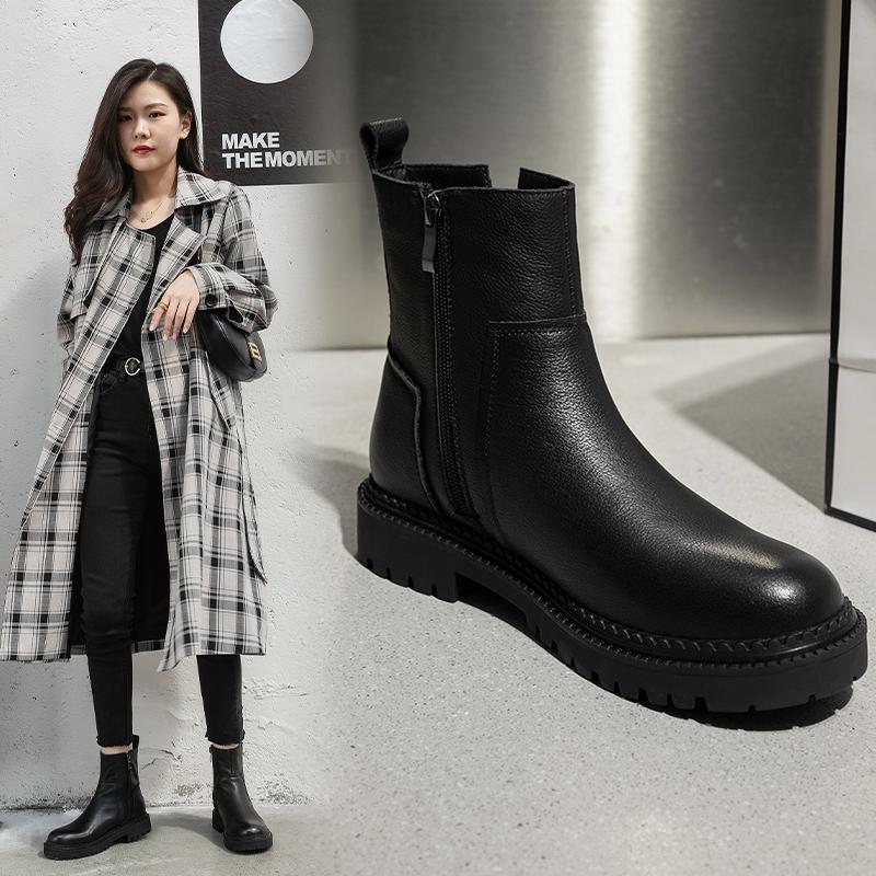 

The New Genuine Leather Women Boots Round Toe Side Zipper Ankle Boots for Women Platform Fashion Handmade Shoes Woman size 34-39, Black