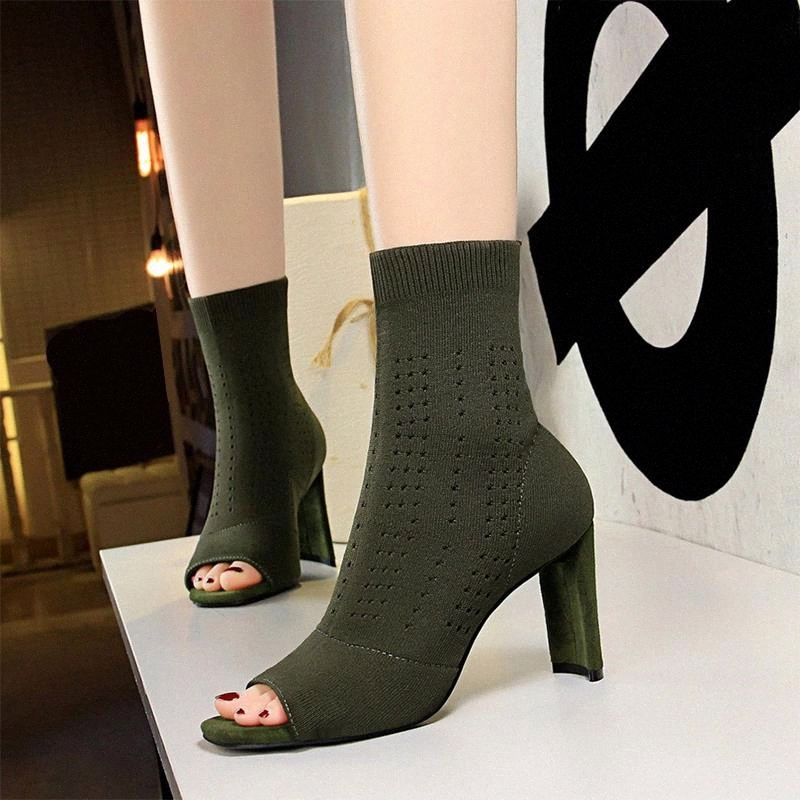 

Women Slip On Knitting Wool Ankle Boots Ladies Solid Peep Toe Square Heels Shoes Woman Fashion Comfort Breathable Boots Female #233y, Black
