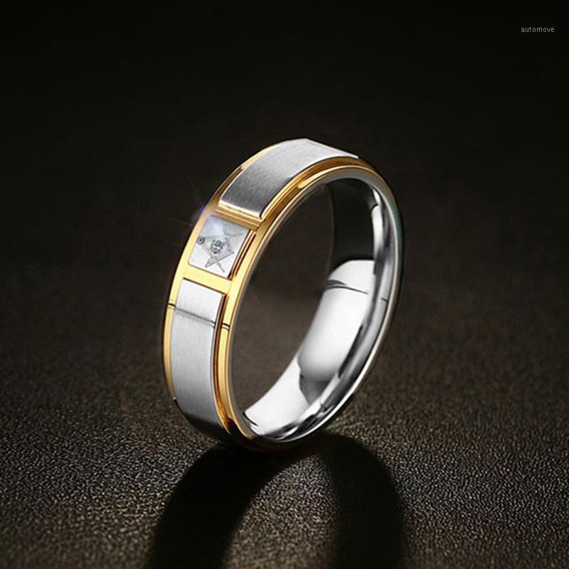 

Classic Masonic Finger Ring for Men 6mm Stainless Steel Wedding Bands Male Jewelry Gold Tone1