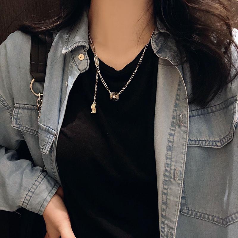 

Harajuku Fashion Simple Stainless Steel Necklace For Women Punk Cuban link chain Chinese Pendant Chokers Fine Hip Hop Jewelry