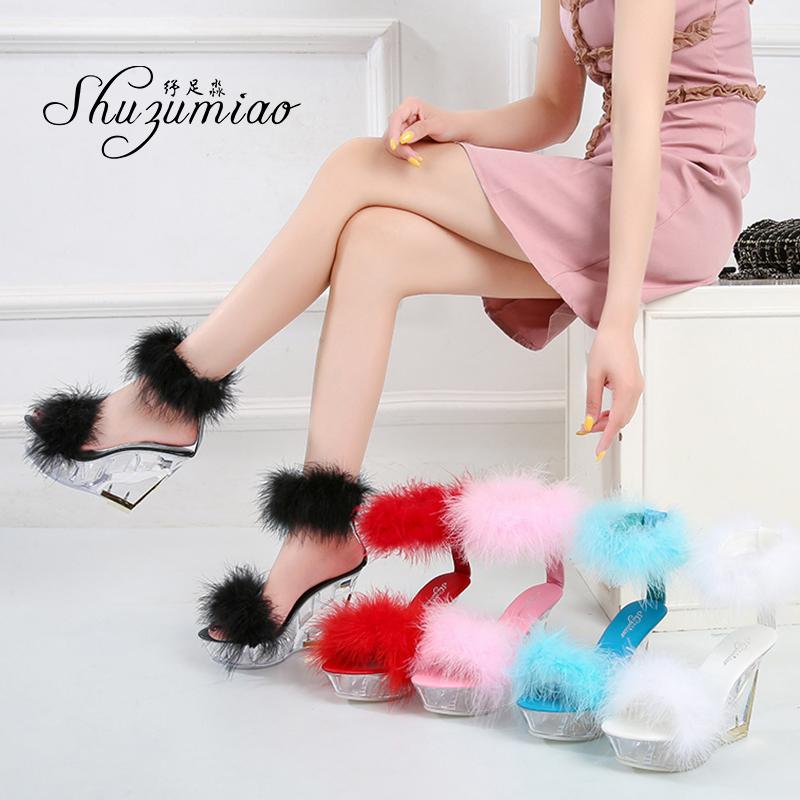 

Shuzumiao High Heels Women Sandals Summer 2021 Female Shoes For Woman Summer Footwear Heels Wedge Heel Fur Crystal Shoes Wedding, White