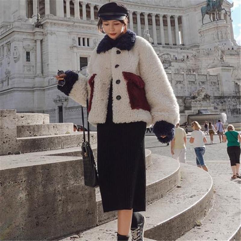 

Winter New Style Loose Wild Retro Big Pockets Hit Color Lamb Hair Plus Size Fashionable Short Coat Women, Photo color