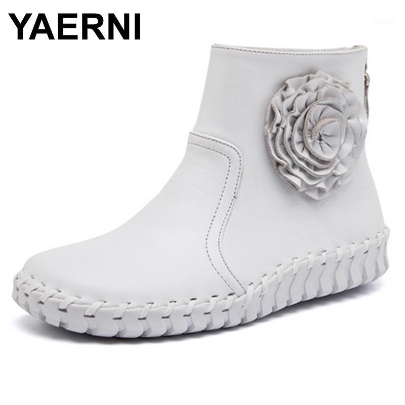 

YAERNI Quality Hand Sewing Women Shoes 2020 Autumn Fashion Genuine Leather Soft Casual Ankle Boots Zipper Flower Flat Shoes1, Black