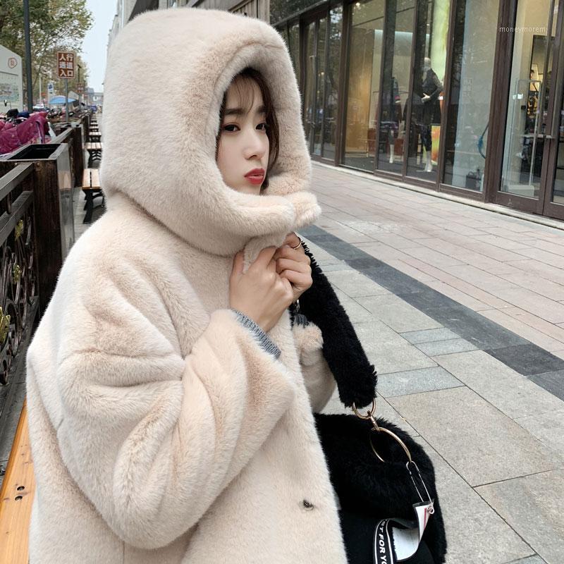 

Hair coat large size autumn and winter women thickened imitation mink hair long cap loose artificial plush imitation grass coat1, Black